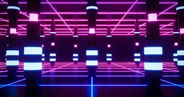 Rendering Sci Sfondo Con Pavimento Wireframe Blu Rosa Neon Pilastro — Foto Stock