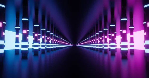 3Dレンダリングダークメタルトンネル青とピンクのネオン柱 — ストック写真
