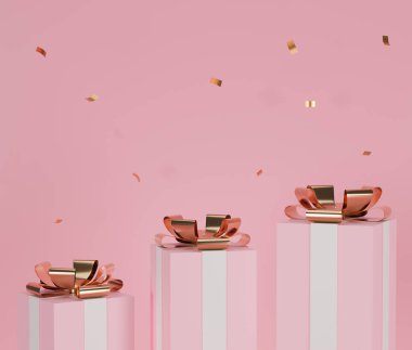 Pembe arka planda altın konfetili üç hediye kutusu hazırlıyor..