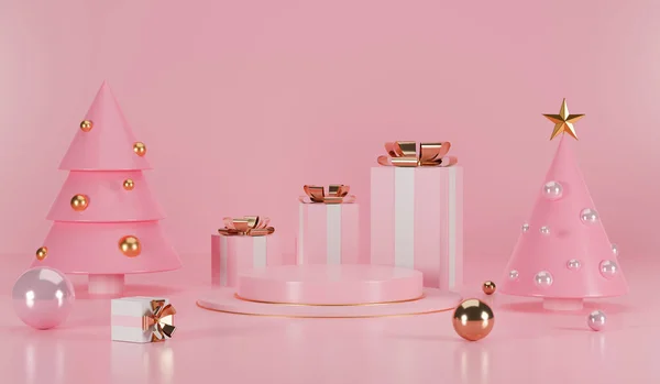 Подиум Честь Рождества Розовом Фоне Подарочной Коробкой Елкой — стоковое фото