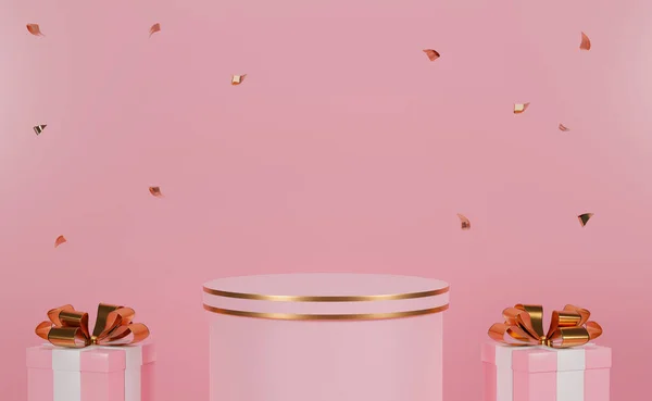 Renderizado Vacío Podio Rosa Con Dos Cajas Regalo Confeti Oro —  Fotos de Stock