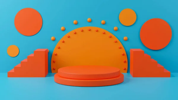 Vykreslování Prázdné Modré Oranžové Pódium Pro Ukázkové Produkty Mockups — Stock fotografie