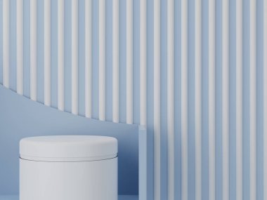 3D işleme açık mavi silindir podyumu. Soyut asgari tasarım. Ürün şablon oluşturur.