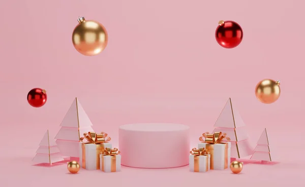 Подиум Честь Рождества Розовом Фоне Подарочной Коробкой Елкой Украшением — стоковое фото