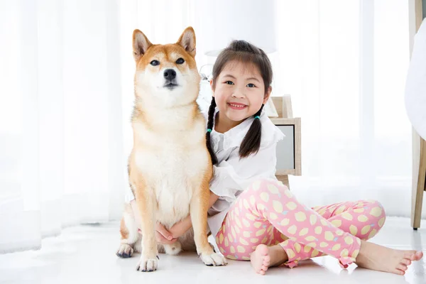 Gelukkig Schattig Klein Aziatisch Meisje Zitten Vloer Knuffelen Shiba Inu — Stockfoto