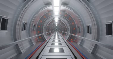 3D düşük polimerli beyaz metal bilim kurgu koridorunu mavi ve kırmızı borularla donatıyor..