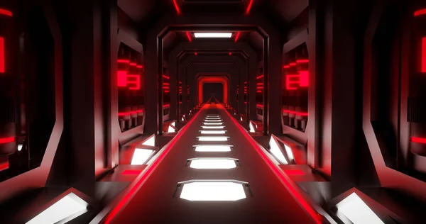 3Dレンダリング輝く赤いネオンSf廊下壁に電池セルと 未来的なダークトンネルの背景 — ストック写真