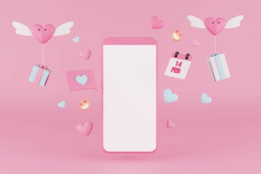 3D Sevgililer Günü geçmişini akıllı telefon, takvim, kalp ve aşk ifadeleriyle donatmak.