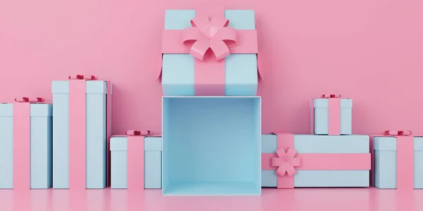 Рендеринг Светло Голубые Подарочные Коробки Розовыми Лентами Фона — стоковое фото