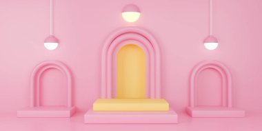 Pembe arka planda kemer ve lamba ile üç boş podyum oluşturuluyor.