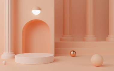 Açık turuncu sütun ve küreli boş silindir podyumu hazırlıyor. Soyut geometrik ürün tasarımı taklit eder.