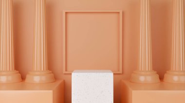 Üç boyutlu beyaz podyum, iki Yunan tarzı sütun ve turuncu arka planda boş çerçeve. Soyut ürün şablon tasarımı oluşturur.