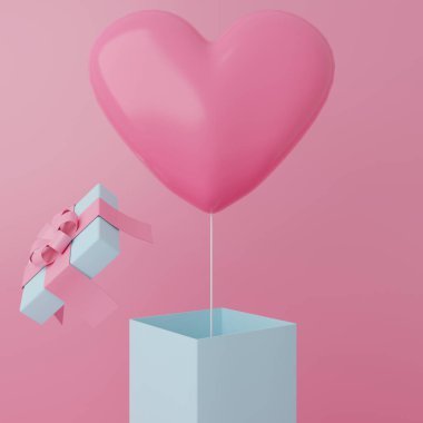 Pembe zemin üzerinde kalp şeklinde balon bulunan açık mavi renkte 3D görüntüleme.