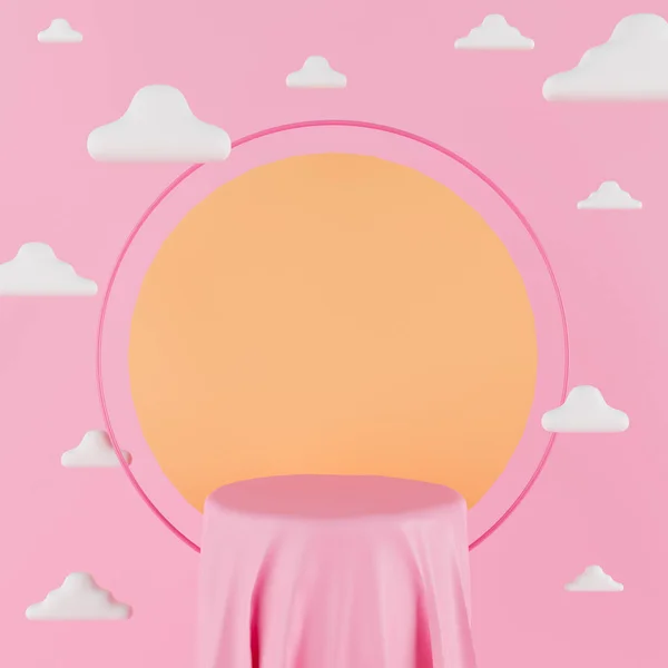 Darstellung Pinkfarbener Kleidung Auf Leerem Zylinderpodest Mit Gelbem Kreis Und — Stockfoto