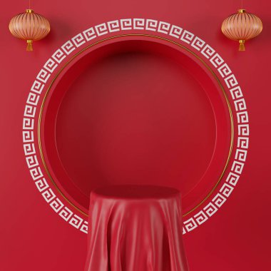 3D, Çin Yeni Yılı 'nı kırmızı zemin üzerinde iki Çin feneriyle boş podyumu haline getiriyor. Ürün sahne tasarımı.