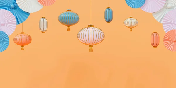 Rendere Colorato Lanterna Cinese Ventilatori Sfondo Giallo Con Spazio Copia — Foto Stock