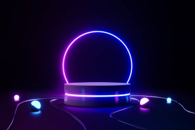 Koyu arkaplanda boş neon silindir podyumu oluşturuluyor.