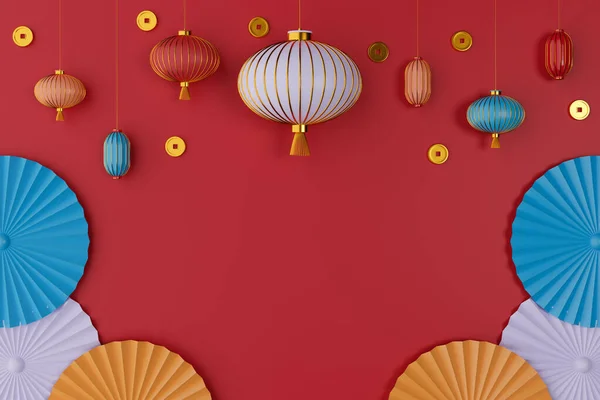 3Dレンダリングカラフルな中国の提灯やテキストやメッセージのためのコピースペースと赤の背景のファン — ストック写真