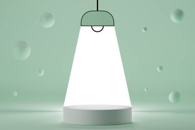 3D renklendirme boş silindir podyum spot ışığı ve lamba ile pastel yeşil arka plan.