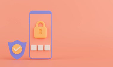 Akıllı telefondan 3D konsept güvenlik sistemi oluşturuldu. Parola ekranı ve kalkan simgesi olan cep telefonu.