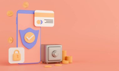 3D konsept güvenlik sistemini akıllı telefondan finansal uygulamaya aktarıyorum. Güvenli, bozuk para, kredi kartı ve simgeli cep telefonu.