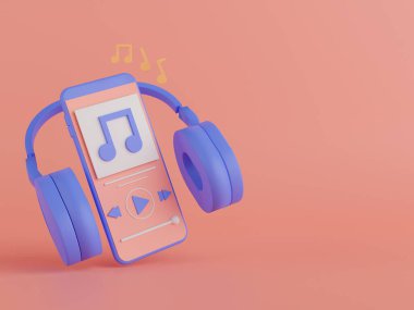 Pembe arka planda kulaklıklı akıllı telefondan 3D müzik uygulaması oluşturuluyor.