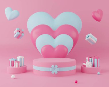 3D, Sevgililer Günü 'nü dev kalpler ve pembe arka planda hediyelerle boş silindir podyumu hazırlıyor..