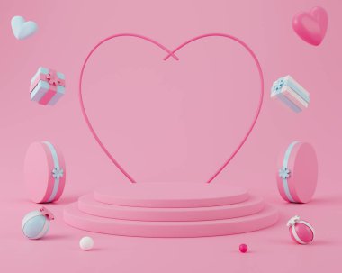 3D Sevgililer Günü 'nü boş silindir podyumu, üzerinde kalpler ve pembe arka planda hediyeler..