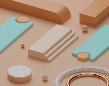 Pastel arka planda geometrik şekilli 3d izometrik boş podyum.