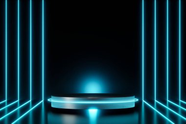 Siyah arkaplanda boş neon silindir podyumu oluşturuluyor. Ürün şablonu için soyut sahne.