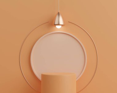 3D boş silindir podyumu turuncu arka planda lambayla donatın. Ürün şablonu için soyut asgari sahne.