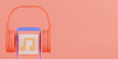 Pembe arka planda kulaklık ve müzik çalar ile 3D yorumlama konsepti müzik uygulaması.