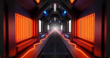 3D fütüristik bilim kurgu koridoru zemin üzerinde kırmızı neon ve kablolarla oluşturuluyor.