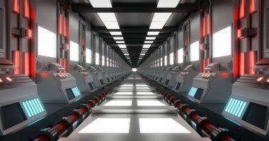 3D parlak bilim kurgu koridorunu mavi ve kırmızı neon ışıklarla donatıyor..