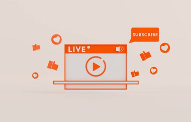 3D yorumlama kavramı internette canlı yayın videosu abone tuşu, kalp ve simge gibi.