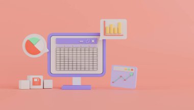 Tablo, çubuk grafik, pembe arkaplan üzerinde pasta grafiği olan bilgisayarda 3d tasvir çizelgesi yazılımı.
