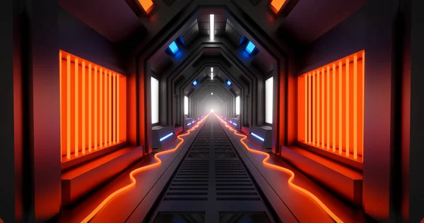 3Dレンダリング未来的なSf廊下の背景と赤いネオンと床の上のワイヤ — ストック写真