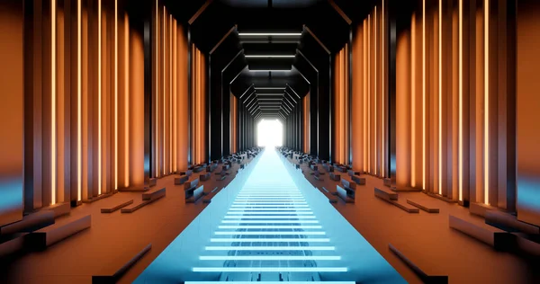 Rendering Orange Und Blau Neon Sci Korridor Hintergrund — Stockfoto