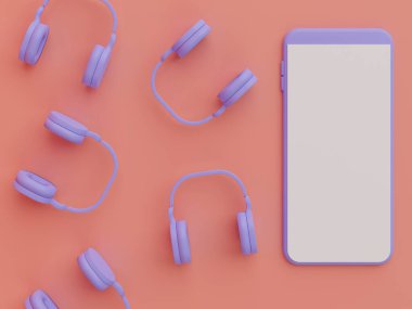 Pembe arka planda mor kulaklıklı boş ekran akıllı telefon.