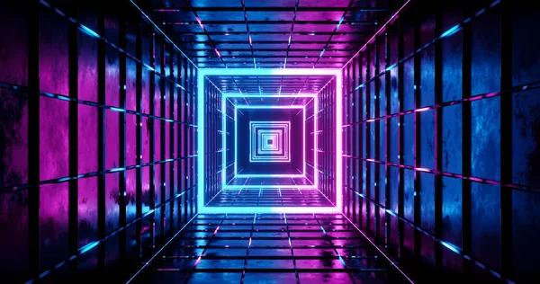 Renderowania Futurystyczny Neon Tle Tunelu Różowym Niebieskim Światłem — Zdjęcie stockowe