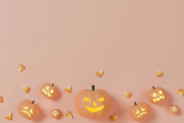 Візуалізація Різьблених Гарбузів Кукурудзою Цукерок Світло Оранжевому Фоні — стокове фото