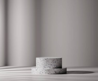 3D taş silindirli podyum. Ürün gösterimi için soyut asgari sahne.