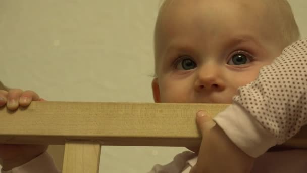 Little Girl Jumping On Bed. Closeup. 4K UltraHD, UHD — Stock Video