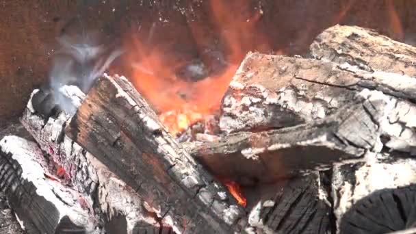 Quemando carbón. Acercamiento de carbones calientes rojos brillaban en la estufa — Vídeos de Stock