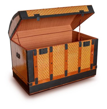 Güzel antika açık sandık. Yan görüş. Beyaz arkaplanda izole