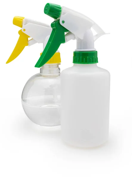 Liquid Sprayers Water Alcohol Green Yellow Color Isolated White Background — Stock Photo, Image