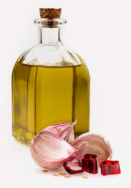 Extra Virgin Olive Oil Rustic Glass Bottle Purple Garlic Hot — Stock Photo, Image