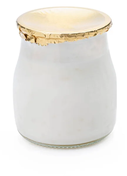 Pudding Ryżowy Szklanym Kubku Pokryty Pieczęcią Izolacja Białym Tle — Zdjęcie stockowe