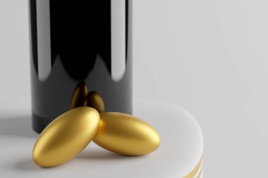 Spa tedavisinin 3 boyutlu görüntüsü. Cilt bakımı gerekli yağlar. Damlalı cam şişe.