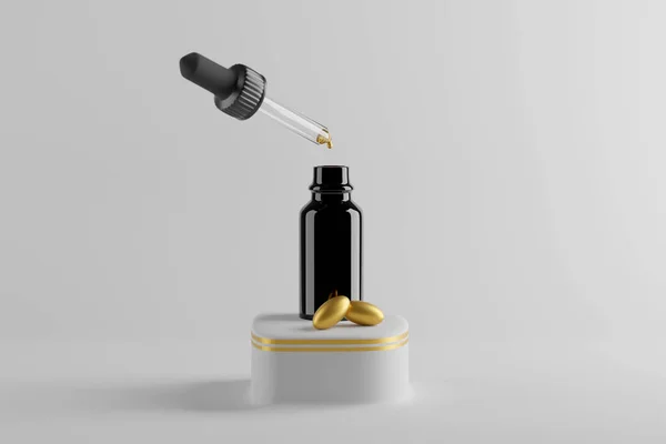 3D-rendering av spabehandling. Eteriska oljor för hudvård. Glasflaska med droppar — Stockfoto